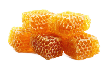 Pieces of fresh golden honeycomb with honey, isolated on white transparent background