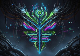 Fototapeta premium Futuristic glowing emblem isolated on white background for graphic design, gaming, and technology concepts.