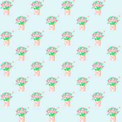 Seamless pattern with a beautiful bouquet of tulips in a box, hand-drawn in watercolor.