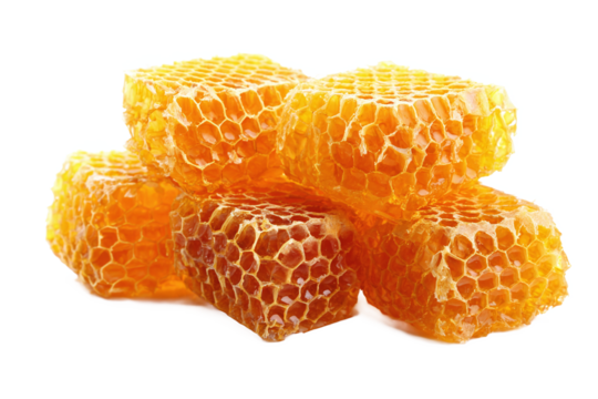 Pieces of fresh golden honeycomb with honey, isolated on white transparent background