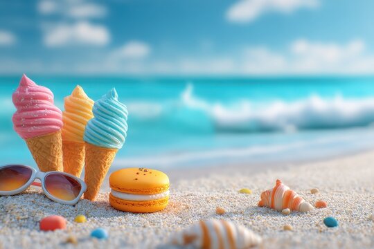 Enjoying ice cream and treats on a sunny beach during summer vacation with vibrant colors and a beautiful ocean backdrop