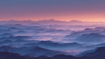 Fototapeta premium Serene Mountain Scene at Sunset with Misty Peaks, Soft Light and Warm Colors, Offering a Calm and Peaceful Natural Landscape for Stunning Outdoor Photography