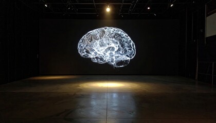 Obraz premium A glowing holographic representation of the human brain is projected onto a dark stage in a futuristic exhibition setting.
