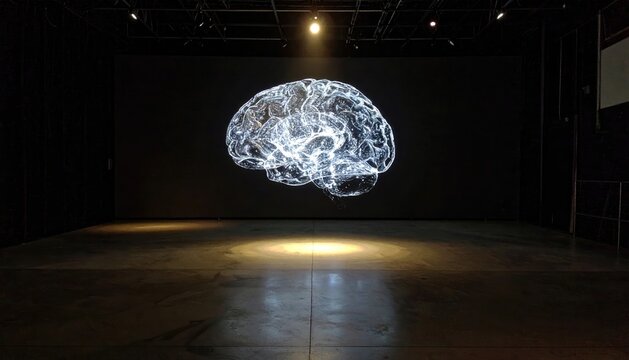 A luminous, detailed 3D projection of a human brain is displayed in a dark, modern exhibition space, evoking themes of science and consciousness.