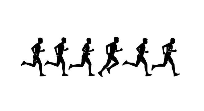 Animation sequence of a running man silhouette, depicting the various phases of a runner's stride cycle for motion graphics or sprite sheets