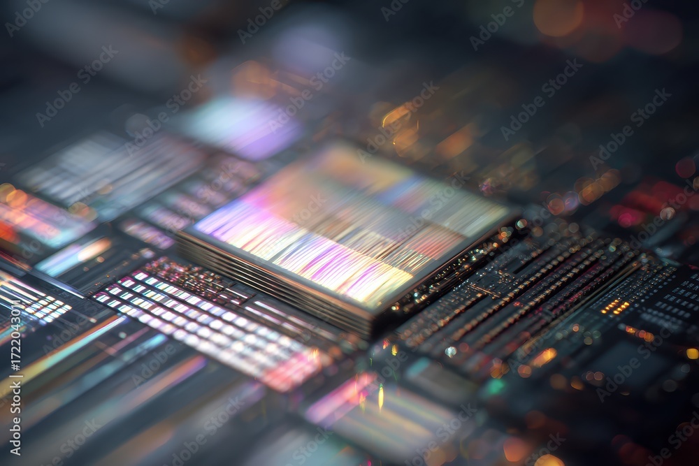 Poster unfinished cpu chip showcasing intricate design elements in a colorful sha style, captured in a clos