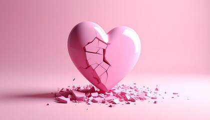 A glossy pink heart, shattered into pieces, rests on a matching background. The pieces are scattered around the base