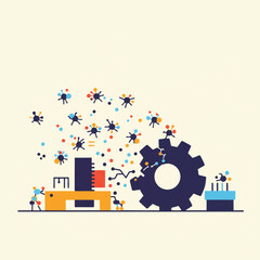 Abstract illustration of small figures interacting with a gear and factory