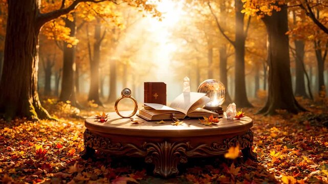 Autumnal Forest Product Display - A round wooden podium sits amongst fallen autumn leaves in a sun-dappled forest, displaying various items including a ring, books, and a crystal ball.