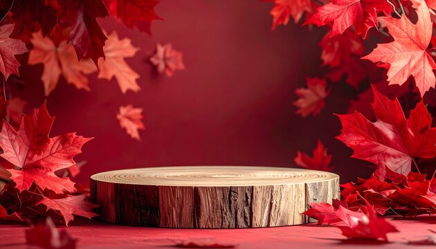 Wooden Podium Display Stand with Red Autumn Maple Leaves on Dark Red Background