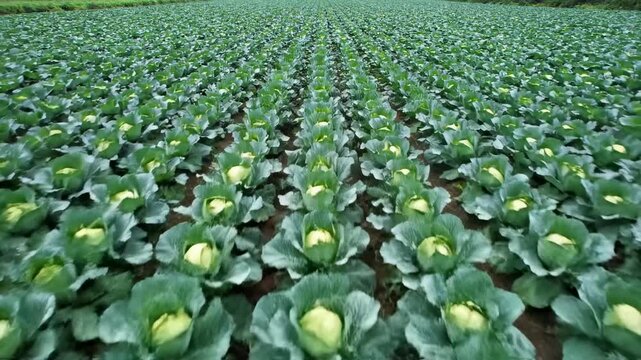 Aerial View of Cabbage Field Ready for Harvest - Rows of mature cabbages fill a vast agricultural field, viewed from directly overhead. The plants are lush and green, indicating readiness for harvest.
