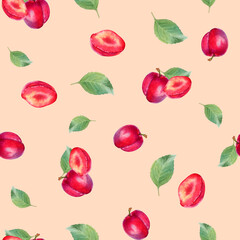 Seamless watercolor pattern with hand drawn plum with leaves and half a plum.