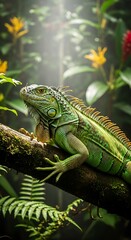 Green Iguana in Lush Tropical Environment.