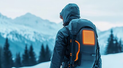 Smart fabric jacket with integrated climate control, person hiking in a snowy landscape, subtle glow from heating elements, outdoor adventure gear.