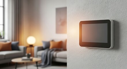 Smart home control panel in modern living room interior.
