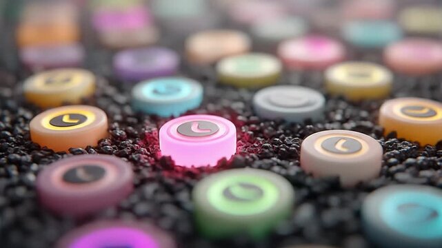 Colorful smiley buttons on dark background