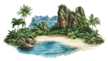 Idyllic tropical cove with sandy beach, palm trees and rocky outcrops island cutout PNG isolated on a transparent background