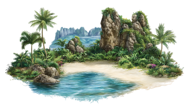 Idyllic tropical cove with sandy beach, palm trees and rocky outcrops island cutout PNG isolated on a transparent background