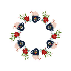 Christmas wreath made of mugs with Christmas trees and the inscription “Happy Holidays” Decor elements for Christmas and Christmas designs. Vector illustration.