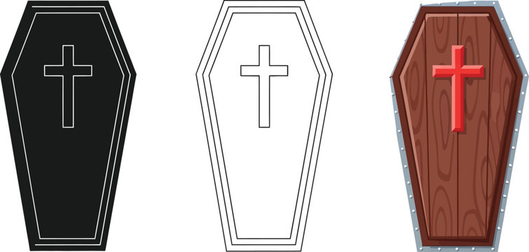 Set of coffin vector illustration outline, silhouette and colored version of casket with cross funeral and burial concept for halloween