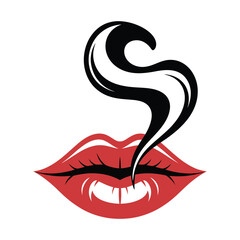 Fototapeta premium Minimalist red lips graphic with graceful gray smoke curl rising in S-shape on white background in bold stylized design