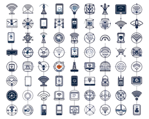 A collection of modern telecommunication and network symbols designed in rounded line 