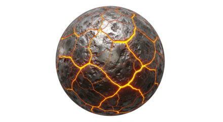 Cracked sphere with glowing orange cracks isolated on transparent background
