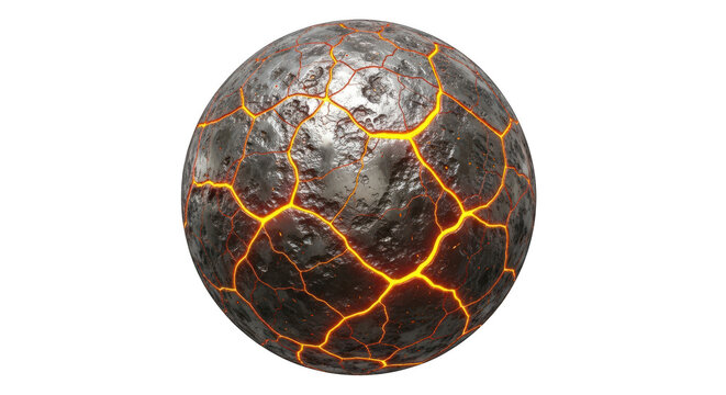Cracked sphere with glowing orange cracks isolated on transparent background