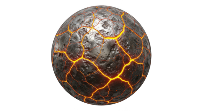 Cracked sphere with glowing orange cracks isolated on transparent background