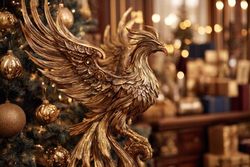 The golden bird statue is seen near a decorated tree.