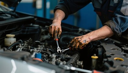 Mechanic working on car engine with tools and dirty hands in garage  