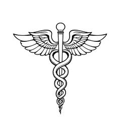 Fototapeta premium Caduceus Medical Symbol: Single, Black Outline Illustration on White Background