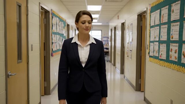School Principal Walking Hallway - A female school principal in a business suit walks down a school hallway during class hours.