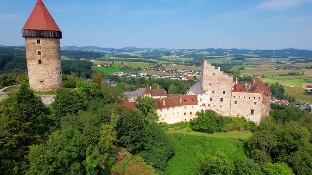 Most scenic medieval castles of Upper Austria- Burg Clam in Wachau valley, Danube river. Historc austrian landmarks. 4k hd drone video
