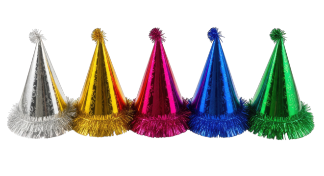 Row of Colorful Party Hats on Black Background (136 isolated on a transparent background
