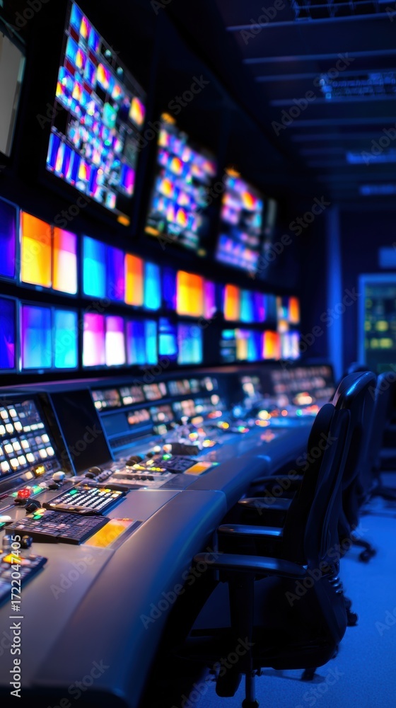 Poster high-tech broadcasting control room with multiple monitors displaying colorful graphics and controls