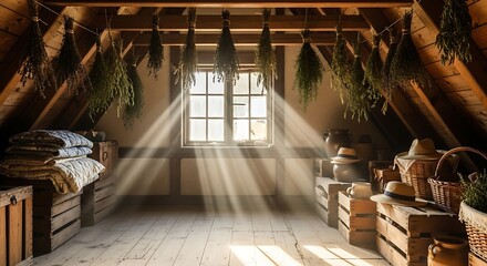 Sunbeams stream through a window in a rustic attic, illuminating dried herbs hanging from the rafters and wooden crates filled with various objects.