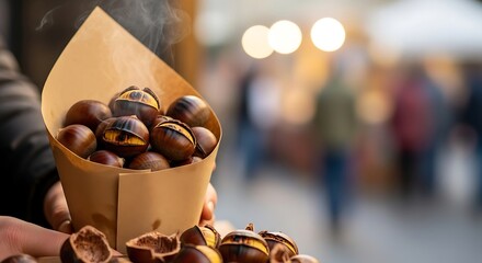 Warm Roasted Chestnuts Served in a Paper Cone at an Outdoor Market.