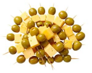 A festive arrangement of cocktail skewers combining green olives and small cheese cubg