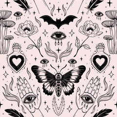 Cute Seamless Halloween Pattern with Spooky Moths, Flowers, Potions, Spells, Mushrooms, Hands, and Bats