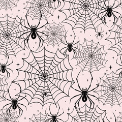 Cute Seamless Halloween Pattern with Spooky Spiders and Webs