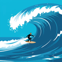 Surfer riding a large blue wave with white spray