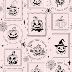 Cute Seamless Halloween Pattern with Spooky Pumpkins in Frames, Spiders, Bows, and Stars