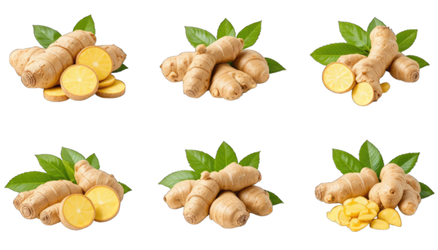 Six Arrangements of Fresh Ginger Root and Slices spice isolated on a transparent background