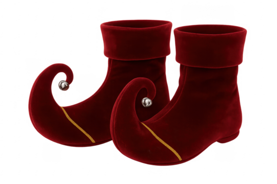 Pair of red velvet elf shoes with jingle bells