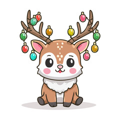 Fototapeta premium Cute Christmas Reindeer Vector — Adorable Holiday Reindeer with Antlers Decorated in Festive String Lights