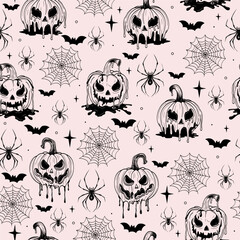 Cute Seamless Halloween Pattern with Spooky Pumpkins, Spiders, Webs, Bats, and Stars