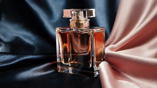Luxurious perfume bottle on a draped fabric backdrop