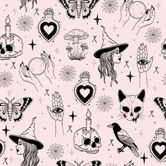 Cute Seamless Halloween Pattern with Spooky Witches, Black Cats, Crystals, Potions, and Magical Elements