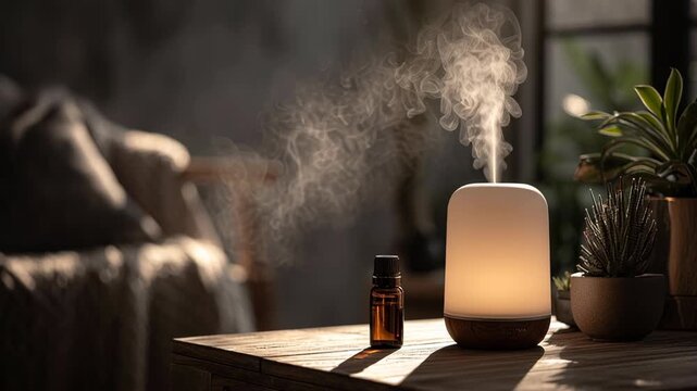 Aromatherapy diffuser emits calming mist in cozy living room with sunlight, essential oil bottle, indoor plants, natural decor, relaxing atmosphere